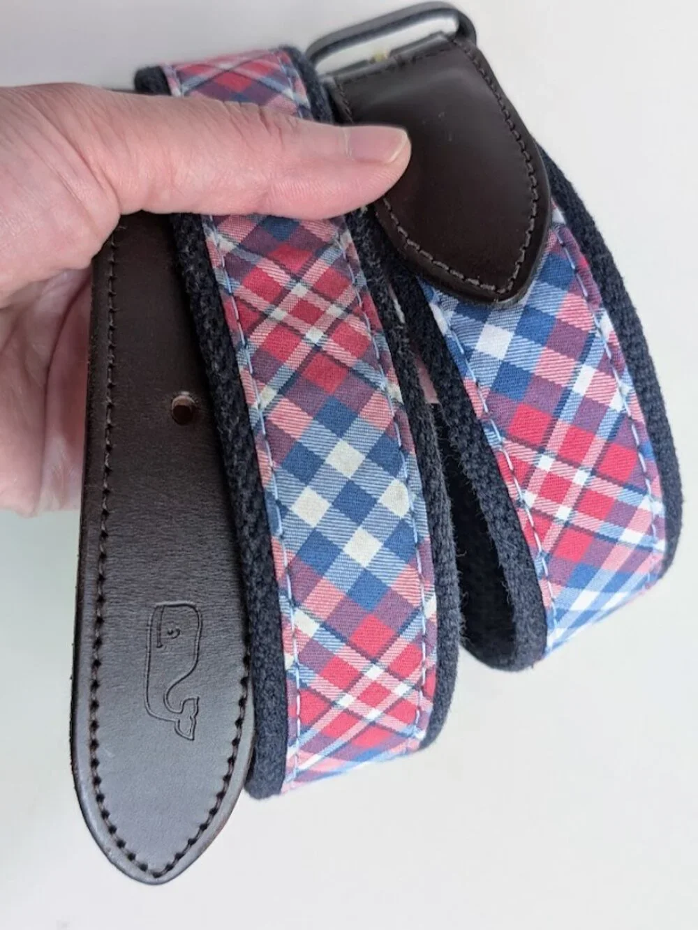 One* Vineyard Vines Multi Color Belt with Brown Leather Trim Size:32 NWOT